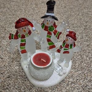 Festive Snowman Candle Holder with Red And White Sparkle Accents